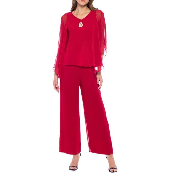 MARINA Pants - MARINA Womens V-Neck 3-Piece Pant Set Size 10 Red Cranberry Chiffon NWT
